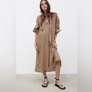 Zara Tan Midi Dress with Button Detail